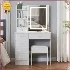 White Dressing Table Stool with 3 Colors LED Light Sliding Mirror & 6 Drawers