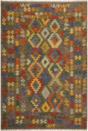 Retro Turkish Kilim Versie Brown/Blue Wool Rug - 5'6'' X 7'9''
