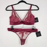 Calvin Klein Ck black Tempt Unlined Plunge Bra Lust Purple 34D & Thong Large NWT