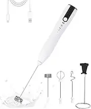 Milk Frother Rechargeable Handheld-Electric Whisk 3 Speed Adjustable, Frother Wand Coffee with 3 Stainless Whisks, Electric Foam Maker, Drink Mixer Blender for Latte Cappuccino Matcha Egg (White)