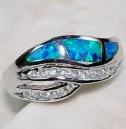 Australian Opal Inlay & White Topaz 925 Solid Sterling Silver Ring Sz 7 TD3