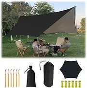 4.5X4.5m Large Camping Tarp Tent Ultralight Waterproof Hammock Rain Fly Mutifunctional Hexagon Tarpaulin Shelter for Bushcraft Picnic Backpacking Outdoor Survival