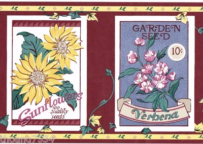 Country Vintage Seed Pack Packet Red Burgundy Flower Floral Wall paper Border