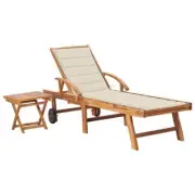 Wooden Sun Lounger With Cushion Wheels And Table Pool Patio Sunbed Chaise Lounge