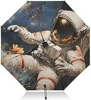 [PDZRMY] UV Protection Travel Umbrella Astronaut Florals Space Compact for Rain and Sun - Auto Open and Close UPF 50+ Windproof Portable 46” Sun Umbrella for Women and Men