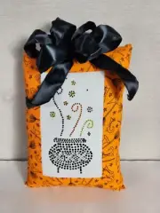 Handmade Halloween Sparkle Witch Cauldron Hat Orange Black Pillow Bow New