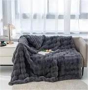 SUMSOFT Luxury Faux Fur Throw Blanket, 51x62 Inchs Soft Cozy Thick Rabbit Furry Blanket for Couch Sofa, Plush Fuzzy Flannel Bubble Blanket Throws