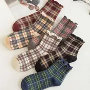 Set of 4: Plaid Crew Socks Set of 4 Pairs - Dark Blue & Khaki & Milky White & Wine Red - One Size