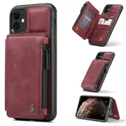 CaseMe Shockproof iPhone 11 PU Leather Case Cover Zipper Wallet Apple [Wine]