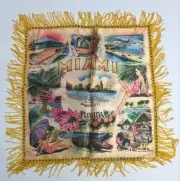 MIAMI Pillow Cover Vintage 1950s Souvenir Pin Ups Unused 16" Sq Fringe Blue Gold