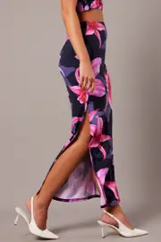 Pink Floral Maxi Skirt Tube Side Split Skirt - Size 14, Women's Midi Skirt