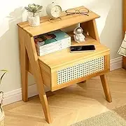 Homodoskey Modern Bamboo Nightstand, Night Stand with 1 Drawer Elegant Bedside Table End Table Side Table Nightstand for Bedroom Living Room Storage (Rattan Pattern)