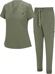 [Natural Uniforms] Womens Cool Stretch Modern Tuck-In Top Yoga Jogger Scrub Set with Regular and Petite Sizes