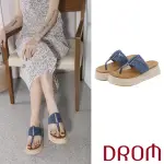 【DROM】厚底拖鞋 人字拖鞋/典雅歐美編織人字夾腳草編厚底拖鞋(藍)