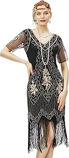 [BABEYOND] 1920s Flapper Fringed Sequin Dress Roaring 20s Fancy Dress Gatsby Costume Dress V Neck Vintage Beaded Evening Dress