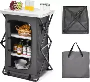 Folding Camping Storage Cabinet, 3-Tier Pop-Up Kitchen Station for BBQ & Picnic