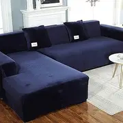 DFANCE Couch Covers for Sectional Sofa L Shape,Stretch Velvet Plush Sofa Slipcover Anti Slip Sofa Slipcovers for 1 2 3 4 Seater,Couch Cover for Dogs,for Pets Kids,Navy,3 seat+4 seat