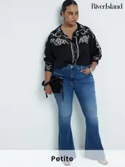 River Island Dark Blue Petite High Rise Tummy Hold Flare Jeans (N95551) | $122