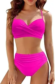 [Generic] Women High Waisted Bikini Sets Two Piece Swimsuit Push Up Twist Front Ruched Bathing Suit Solid Swimwear, Hot Pink-d, Small