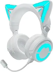 YOWU RGB Cat Ear Headphones 4, Upgraded Wireless and Wired Gaming Headset with Attachable HD Microphone, Active Noise Reduction (4GS, White)