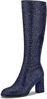 [TDD] Black Knee High Boots Women High Heel Wide Calf Tall Thigh High Cowboy Cowgirl Winter Botas Para Mujer Chunky Block Western Waterproof Rain Snow Comfortable Shoes