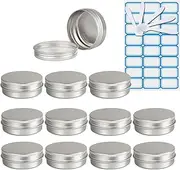 ZEOABSY Pack of 10 Empty 60 ml Round Silver Aluminium Tins with Screw Lid, Cream Jar, Aluminium Jar, Tin Cans for Cosmetics, Candle, Ointments, 5 x Spatulas, 1 x Label