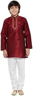 [Sojanya] Boys' Designer Banarsi Dupion Silk Blend Kurta Churidaar Set Red