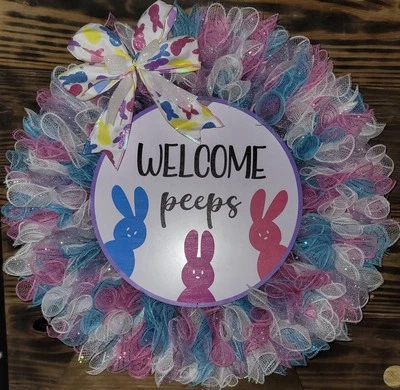 Welcome Peeps Easter Deco Mesh Door Wreath 18 Inches