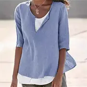 Women's Shirt Linen Shirt Cotton Linen Shirts Plain Daily Stylish Basic 3/4 Length Sleeve V Neck Regular Tops Work Daily Holiday Black White Blue Spring Fall