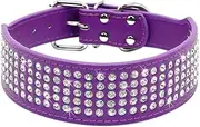 Berry Pet Rhinestones Dog Collars - 5 Rows Full Sparkly Crystal Diamonds Studded PU Leather - 2 Inch Wide -Beautiful Bling Pet Appearance for Medium & Large Dogs,17-20" Purple