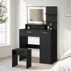 Oikiture Dressing Table Stool Set Makeup Mirror LED Light Large Cabinet Black
