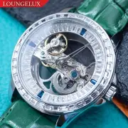 Mens Silver Automatic Mechanical Watch Iced Out Green Leather Strap Gift