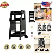 Black 3-Level Height Adjustable Kids Step Stool with Non-Skid Feet & Safety Net