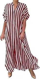 [Generic] Short Dresses Women's Stripe Fashion Side Split Stripe Cardigan Women's Short Sleeve Dress Split Long Dress