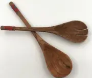 Salad Serving Set Fork & Spoon Teak Wood Red Beaded Handles- 13" Long