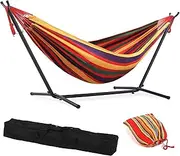 Double Hammock with Space Saving Steel Stand Included 2 Person Heavy Duty Outside Garden Yard Outdoor 450lb Capacity 2 People Standing Hammocks and Portable Carrying Bag (Tropical)