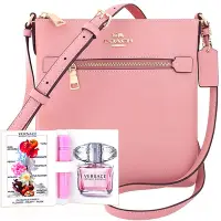 在飛比找Yahoo奇摩購物中心優惠-COACH 櫻花粉色防刮皮革斜背包+VERSACE 品牌經典