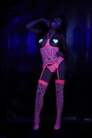 Shirley of Hollywood KG100B Glow Open Cup Swirl Bodystocking Neon Pink O/S