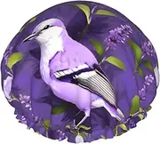 Bird In Purple Lavender Floral Flowers Print Various Activities Shower Cap Reusable Soft And Lightweight Bath Hair Cap Long Hair