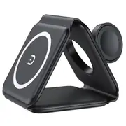 15W Portable 3-in-1 Magnetic Wireless Charger, Silicone Foldable Fast Charging Stand Base for iPhone 12/13 Series - Black
