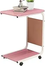 TOMVAES Sofa Side Table, C Shaped Coffee End Table, Square Bedside Desk, Small Mobile Standing Desk with Wheels for Home Office Bedroom 45 x 34 x 60 CM (Pink)