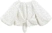[Koton] Girls' Oversized Long Puffer Sleeve Round Neck Polka Dot Tie-Front Detail Blouse