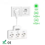 Wall Power Strip 3 AC Power Socket 3 USB and 1Type-C Charging Port Power Adapter