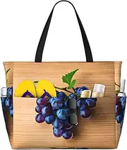 [Ghjkfbf] Grape Pattern Print Large Capacity Beach Travel Bag For Family, Beach Tote Bag For Women With Zipper Pockets, Black, One Size