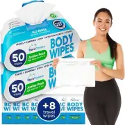 Body Wipes for Adults Bathing No Rinse (2 Pack) 100 XL Shower Wipes + 8 Trave...