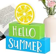 Uonguon Hello Table Decorations, Lemon Themed Home Decor, Rustic Colorful Tiered Tray Board, 7.87x7.87x0.79 inches Freestanding Holiday Ornament for Home Tabletop, Centerpiece Mantel, Desk