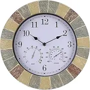 Outdoor Garden Wall Clock, 14-Inch Outdoor Retro Waterproof Clock with Thermometer and Hygrometer, Noise-Free Battery Operated Clock Wall Decoration Indoor,Outdoor
