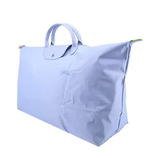 LONGCHAMP LE PLIAGE GREEN系列刺繡短把再生尼龍摺疊旅行袋(中/天澄)