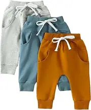 [allshope] Toddler Baby Boy Fall Pants 3 Pack Active Jogger Casual Athletic Trousers Solid Color Pocket Elastic Waist Harem Bottoms