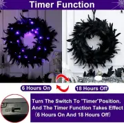TURNMEON 18 Inch Prelit Halloween Black Natural Feather Wreath with Timer
